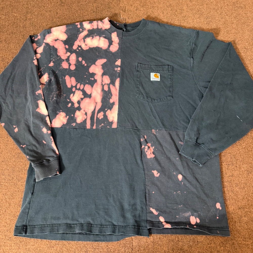 Custom Reworked Carhartt Bleach Dye Patchwork Long Sleeve Pocket T-Shirt Large
